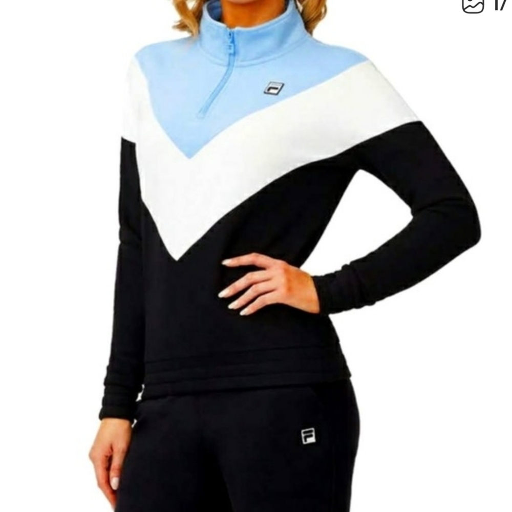 Fila Sport Blue Black & White Chevron 1/4 Zip Sweatshirt Sweater Wmn's M Comfy